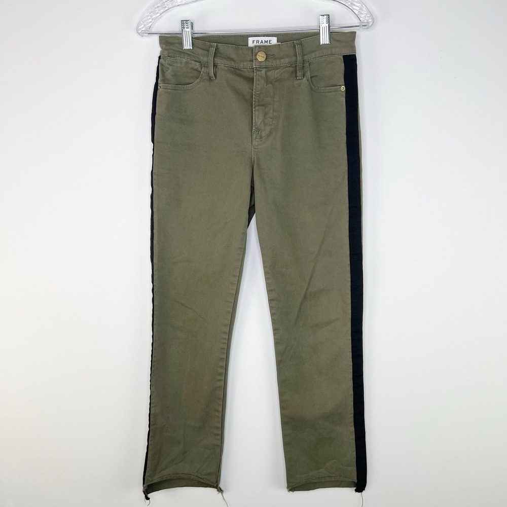 FRAME Olive Green Le‎ High Straight Black Velvet Stripe Frayed Hem Pant Size 26